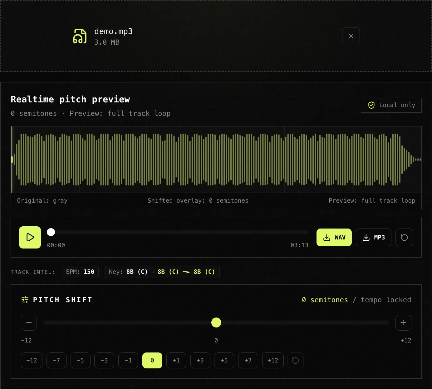 Full pitch changer interface with waveform, transport controls, track intel, and semitone slider